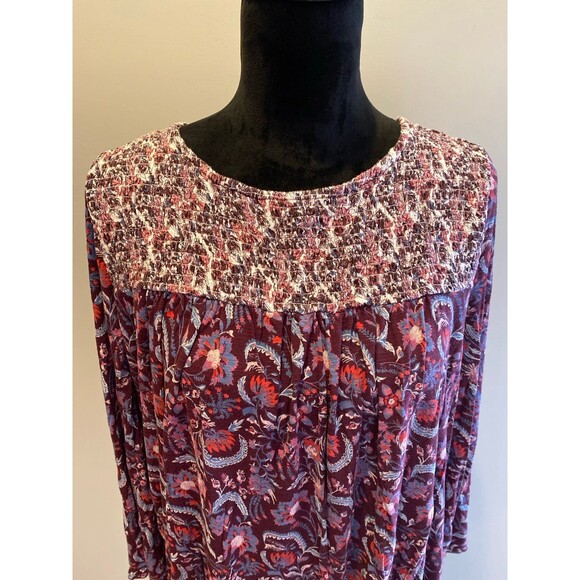 Lucky Brand Blouse Size XL Burgundy Smocked Top Bell Sleeves Boho Peasant - Picture 2 of 10
